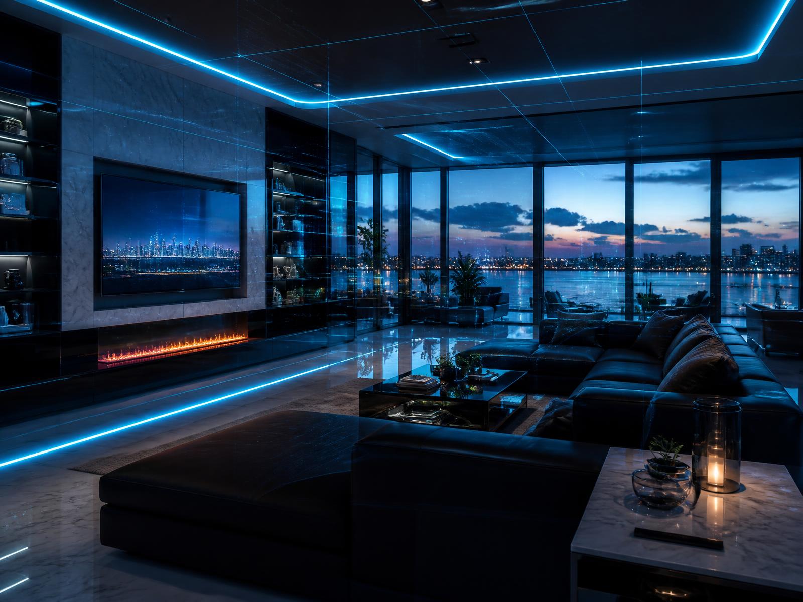 Spotless modern Tampa waterfront living room lit with cool blue accent lighting